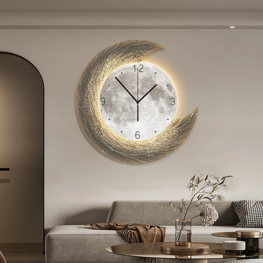 Moon Phase Wall Clock With Built-in LED Light Modern Silent Living Room