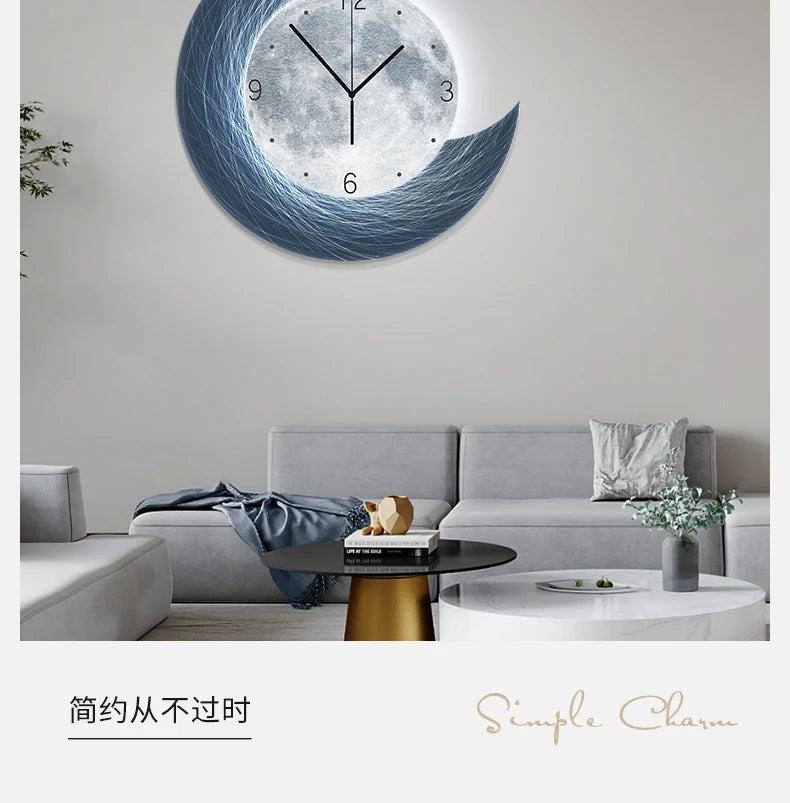 Moon Phase Wall Clock With Built-in LED Light Modern Silent Living Room