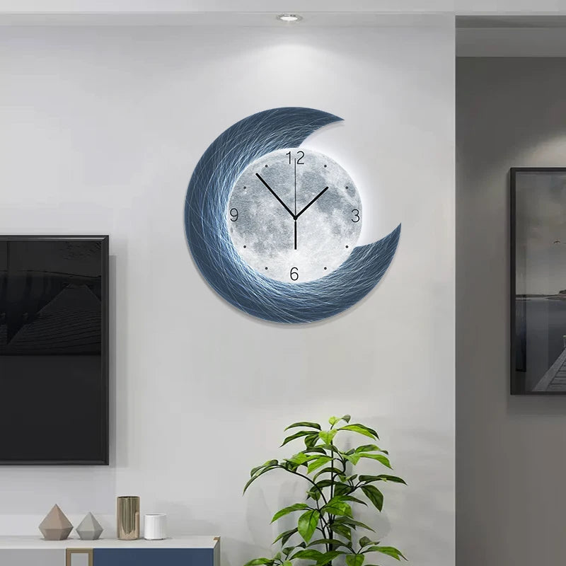 Moon Phase Wall Clock With Built-in LED Light Modern Silent Living Room