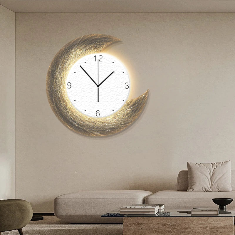 Moon Phase Wall Clock With Built-in LED Light Modern Silent Living Room