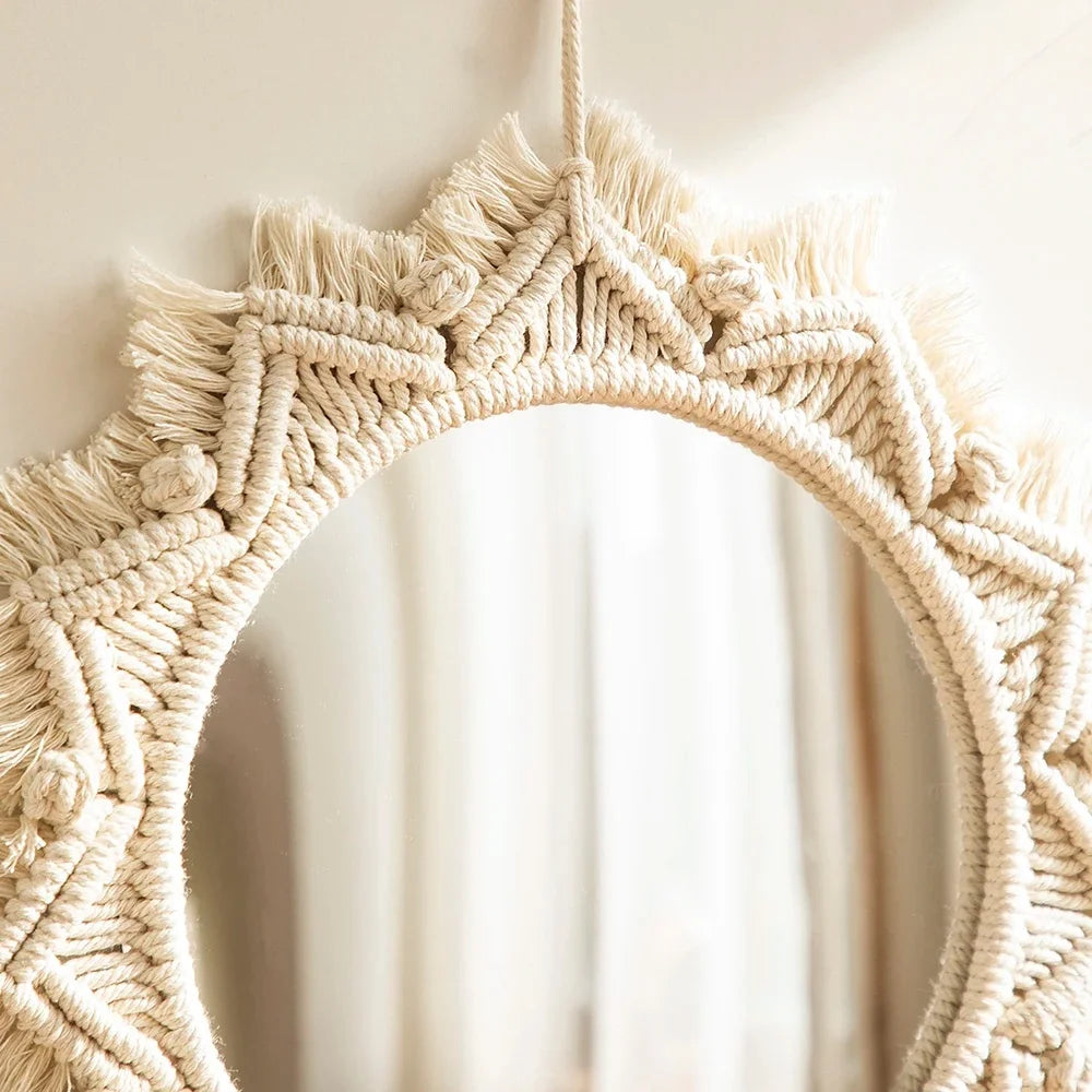 Boho Wall Mirror Decor Round Macrame Hanging Wall Art Decoration