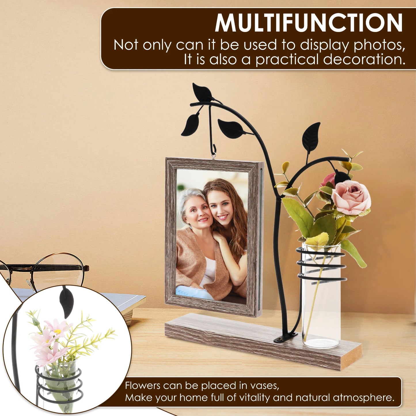 4x6 Picture Frame with Stand and Glass Vase for Flowers Plants Double Sided 4x6 Photo Frame