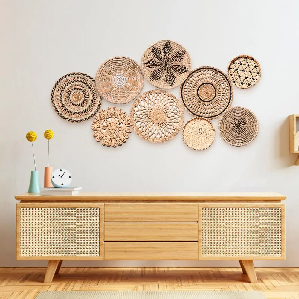 Wall Decor Set of 9 Boho Home Decorations Rattan Wall Decoration Wicker Basket Hanging Wall Baskets Decorative Plates for Wall
