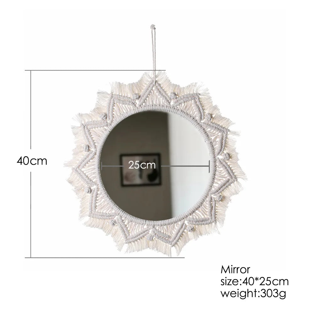 Boho Wall Mirror Decor Round Macrame Hanging Wall Art Decoration