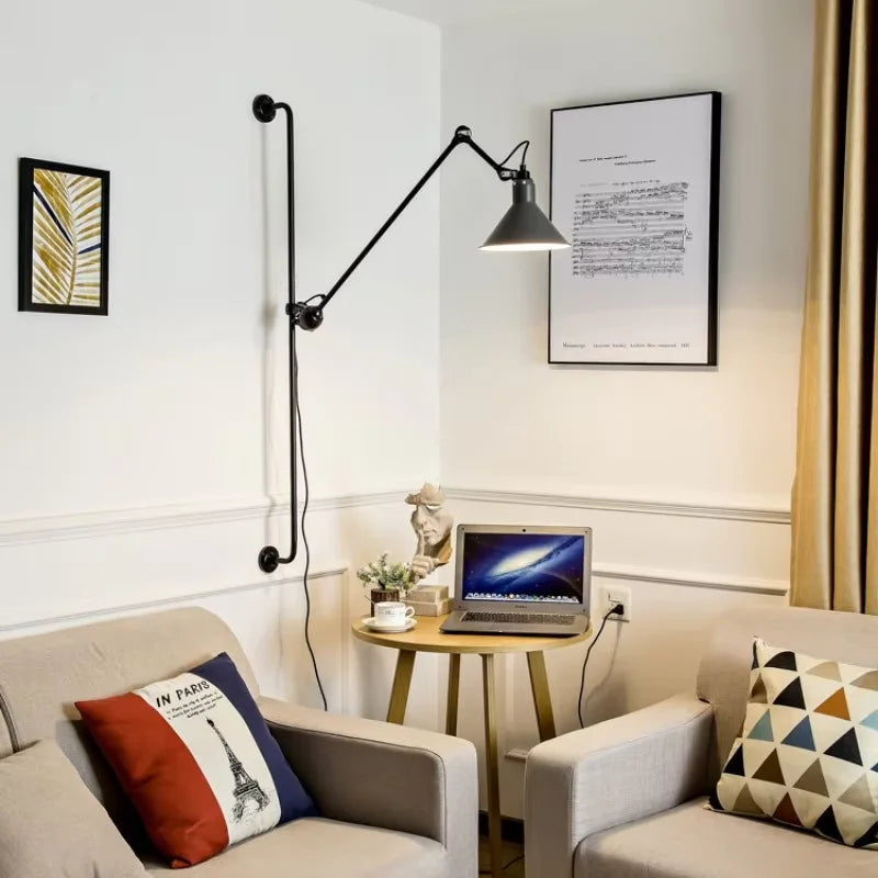 Industrial Style Long Wall Light Creative Design Long Pole Swing Arm Telescopic Eye Protection Lamp Living Room Reading Lamp