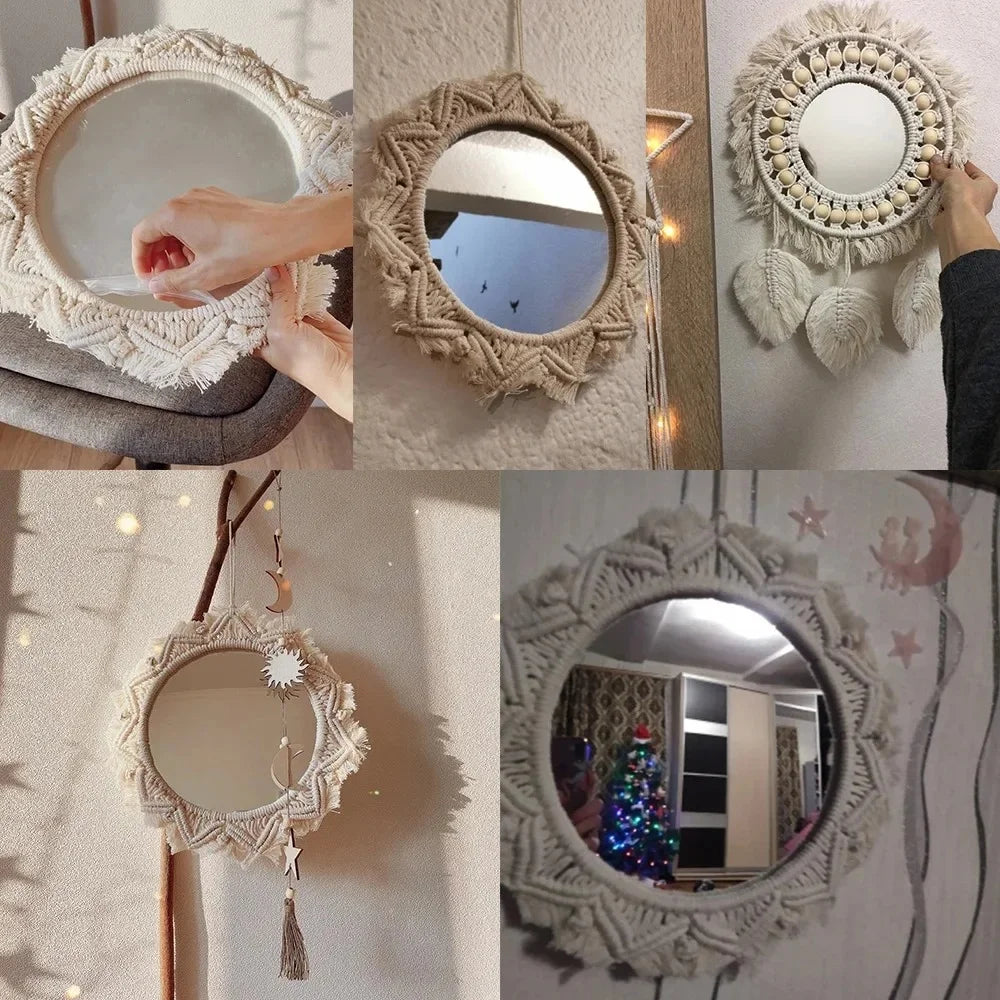 Boho Wall Mirror Decor Round Macrame Hanging Wall Art Decoration