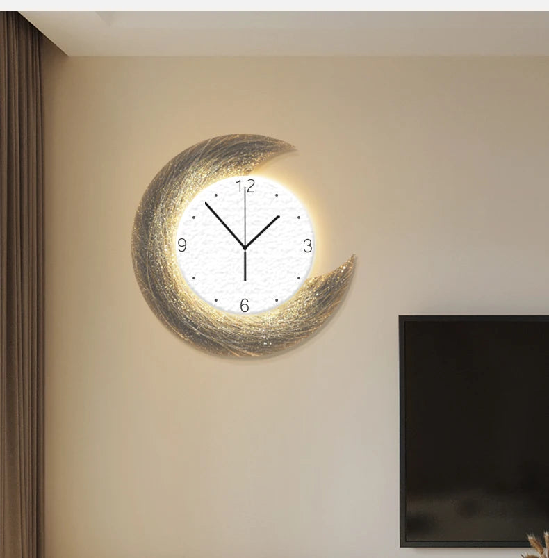 Moon Phase Wall Clock With Built-in LED Light Modern Silent Living Room