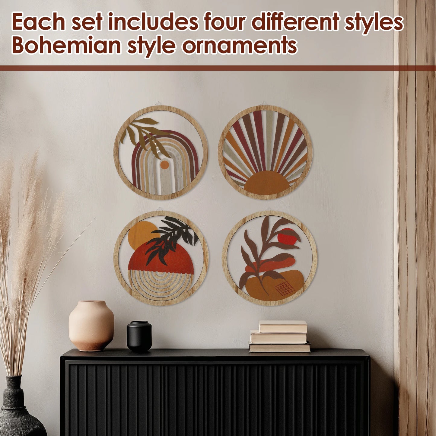 4Pcs Wood Wall Decor Hanging Wall Art Decor Elegant Bohemian Wall Decor