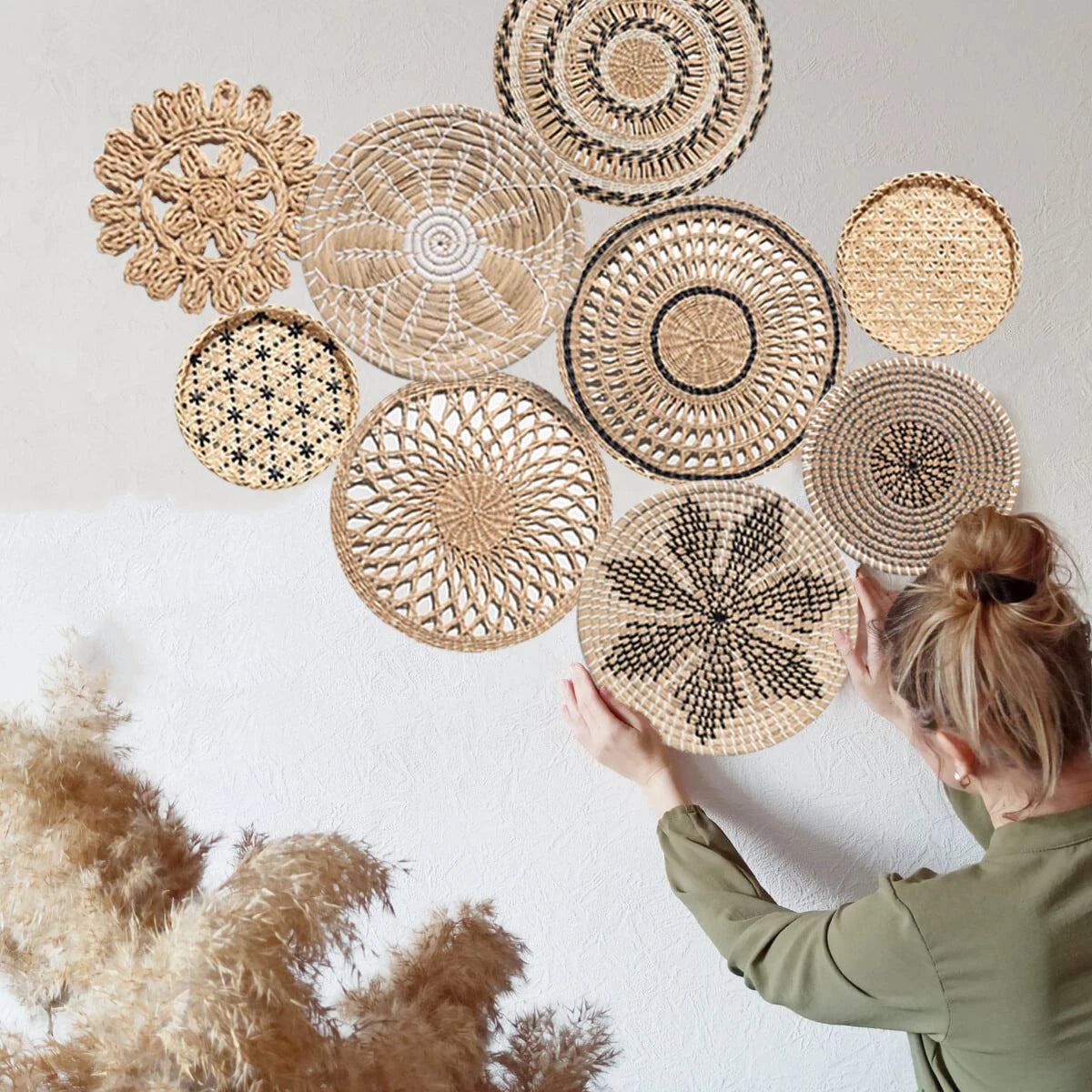 Wall Decor Set of 9 Boho Home Decorations Rattan Wall Decoration Wicker Basket Hanging Wall Baskets Decorative Plates for Wall