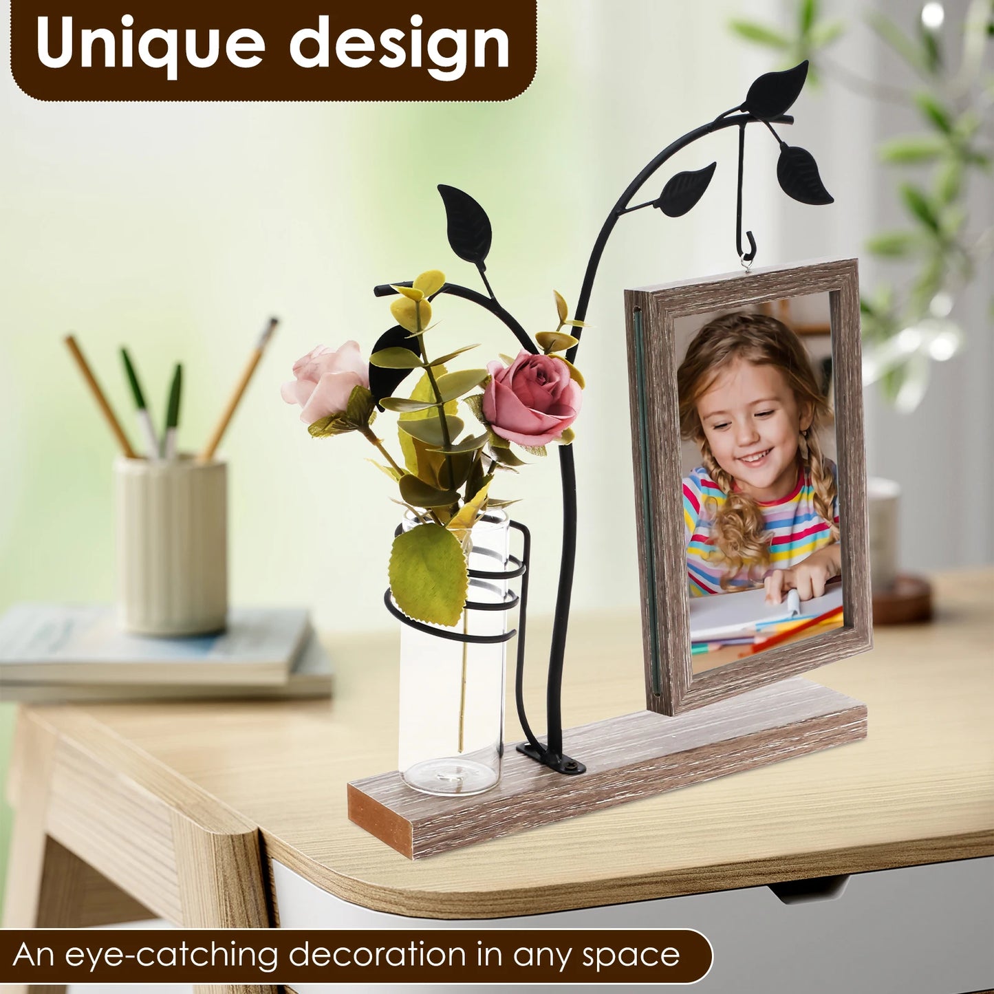 4x6 Picture Frame with Stand and Glass Vase for Flowers Plants Double Sided 4x6 Photo Frame