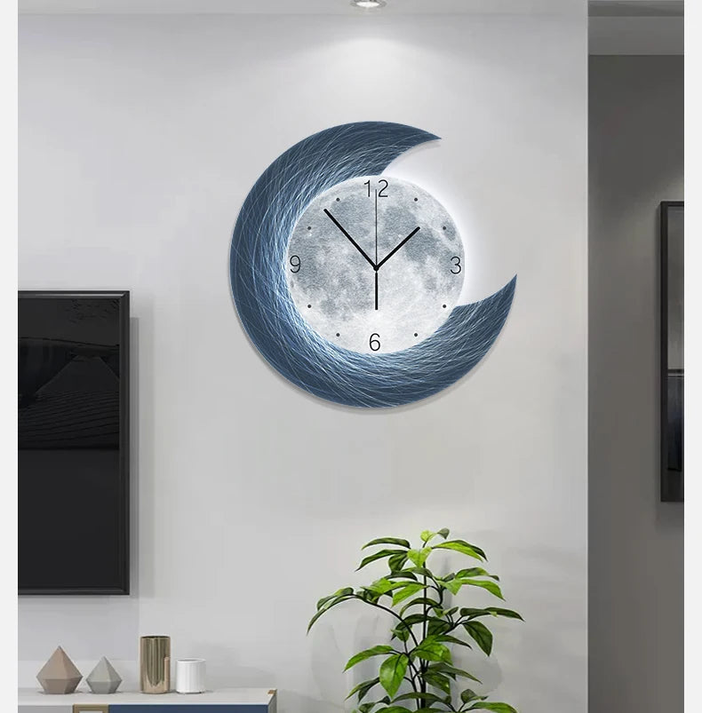 Moon Phase Wall Clock With Built-in LED Light Modern Silent Living Room