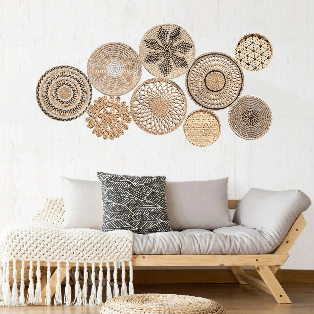 Wall Decor Set of 9 Boho Home Decorations Rattan Wall Decoration Wicker Basket Hanging Wall Baskets Decorative Plates for Wall