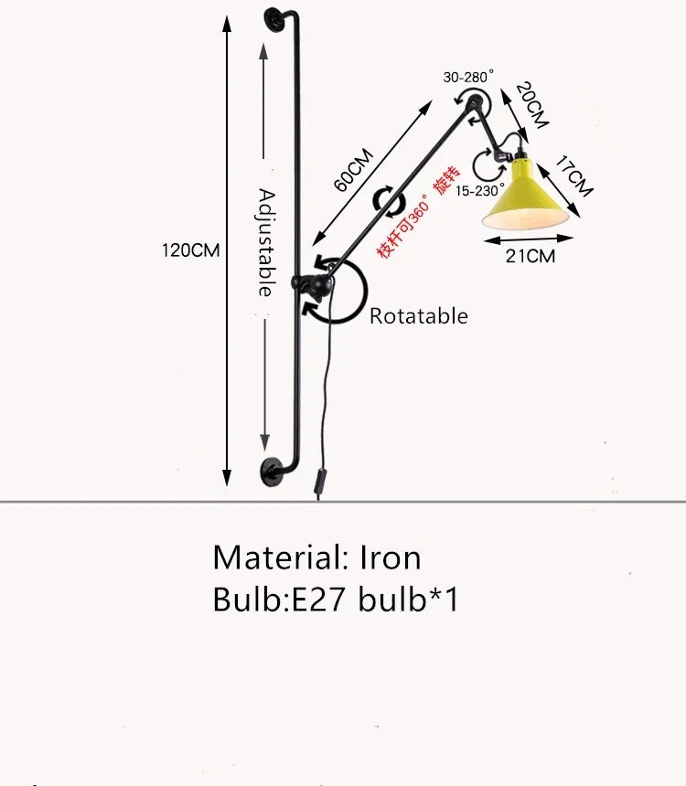 Industrial Style Long Wall Light Creative Design Long Pole Swing Arm Telescopic Eye Protection Lamp Living Room Reading Lamp
