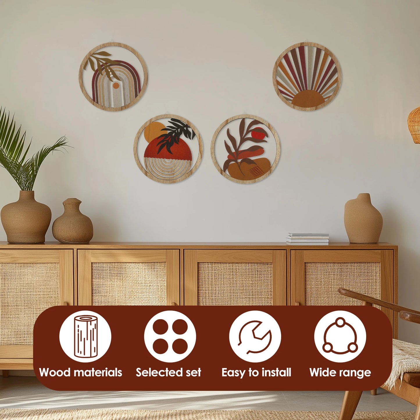 4Pcs Wood Wall Decor Hanging Wall Art Decor Elegant Bohemian Wall Decor
