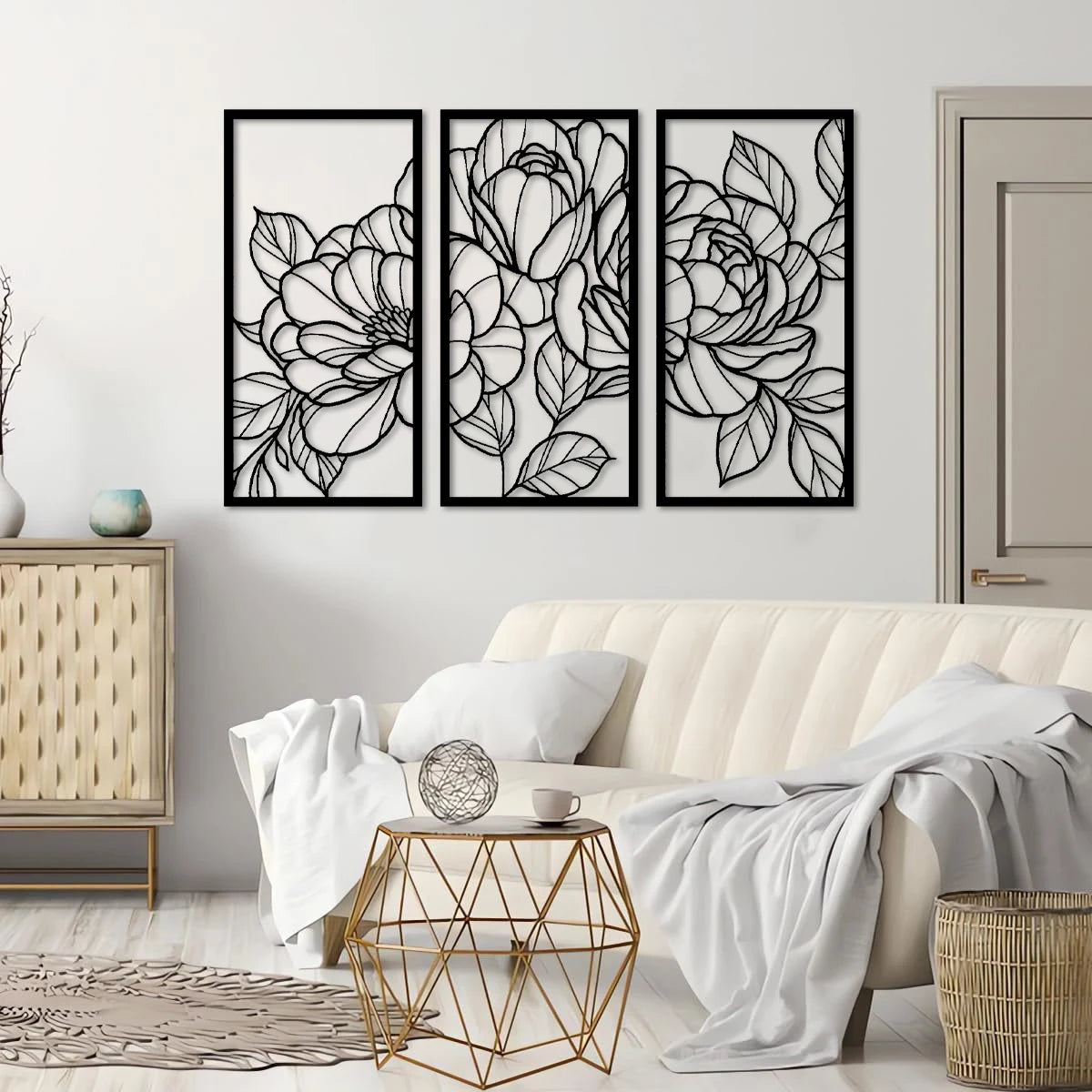 Minimalist Art Wall Decor Floral Gold Flower Wood Art Wall Decor