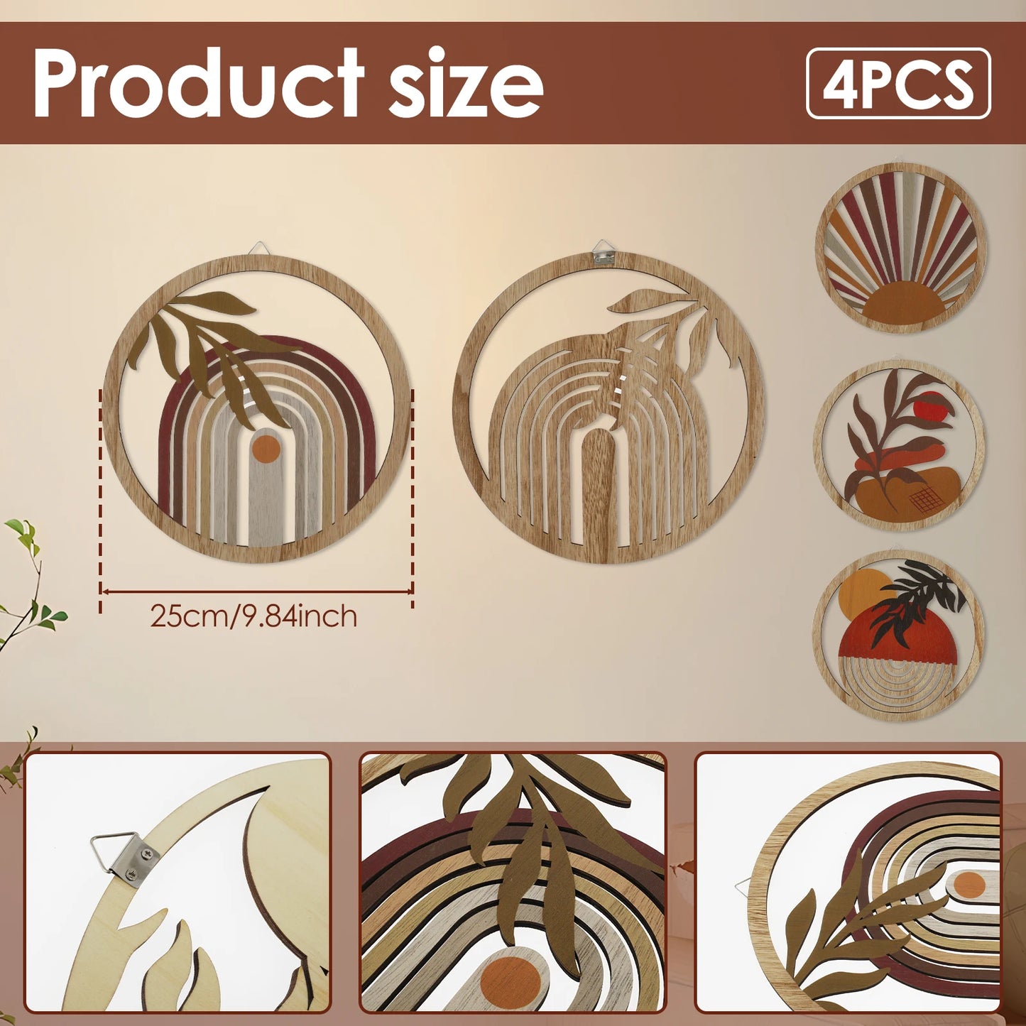 4Pcs Wood Wall Decor Hanging Wall Art Decor Elegant Bohemian Wall Decor