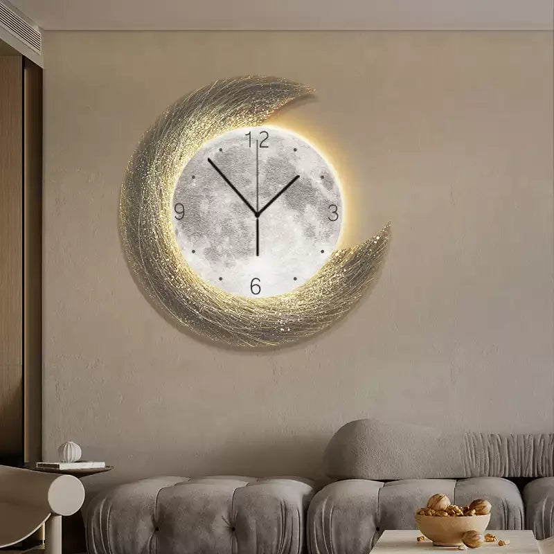Moon Phase Wall Clock With Built-in LED Light Modern Silent Living Room