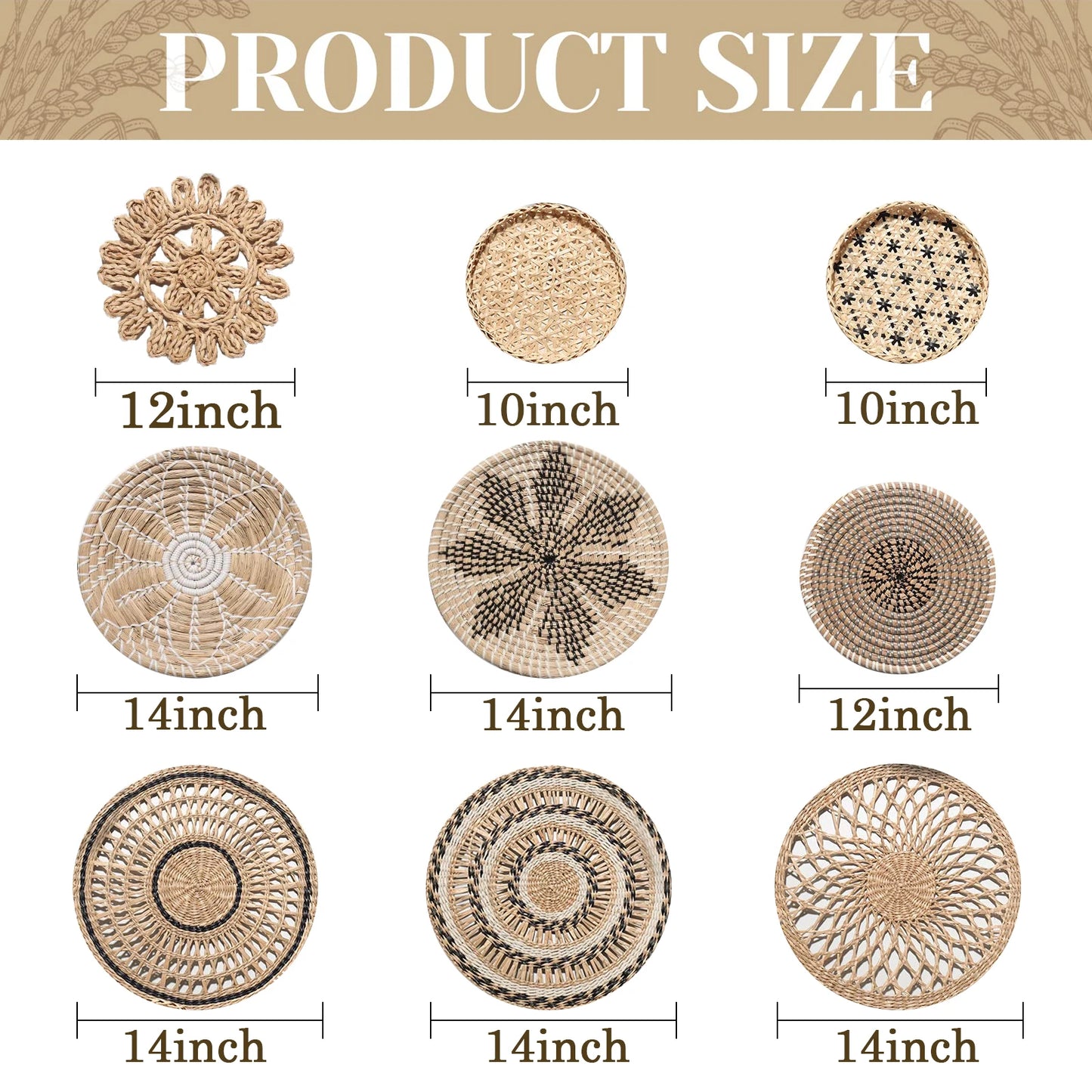 Wall Decor Set of 9 Boho Home Decorations Rattan Wall Decoration Wicker Basket Hanging Wall Baskets Decorative Plates for Wall