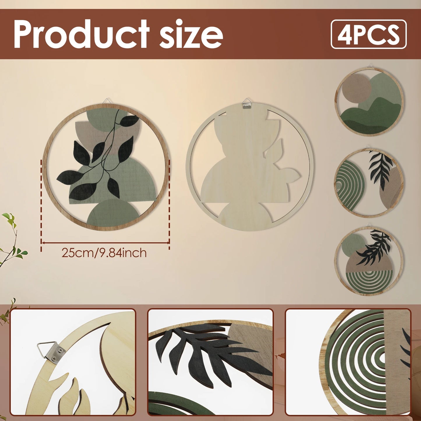 4Pcs Wood Wall Decor Hanging Wall Art Decor Elegant Bohemian Wall Decor