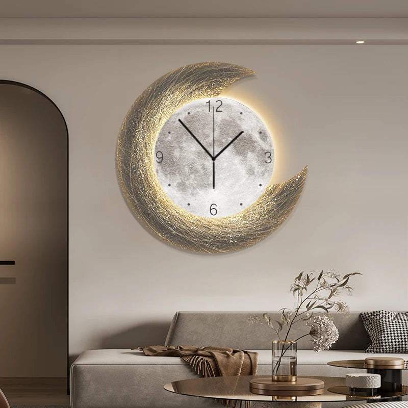 Moon Phase Wall Clock With Built-in LED Light Modern Silent Living Room