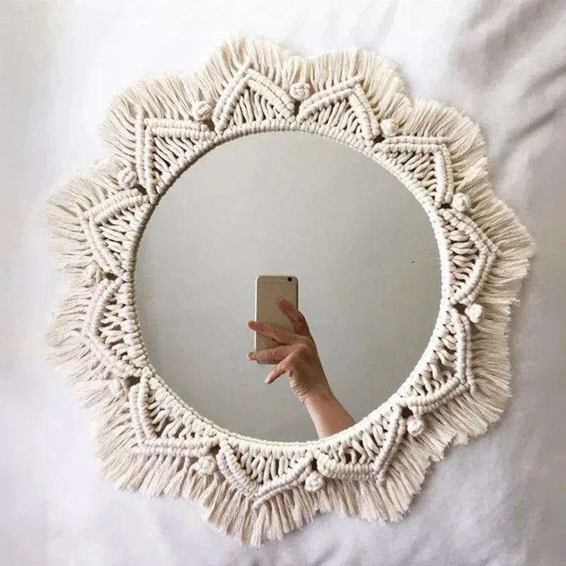 Boho Wall Mirror Decor Round Macrame Hanging Wall Art Decoration