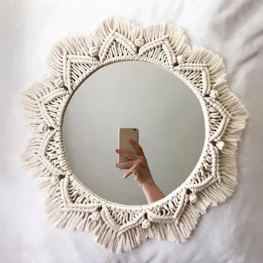 Boho Wall Mirror Decor Round Macrame Hanging Wall Art Decoration