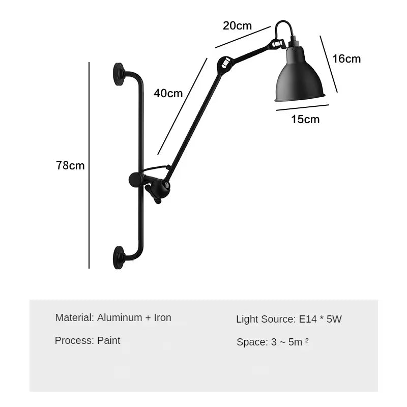 Industrial Style Long Wall Light Creative Design Long Pole Swing Arm Telescopic Eye Protection Lamp Living Room Reading Lamp