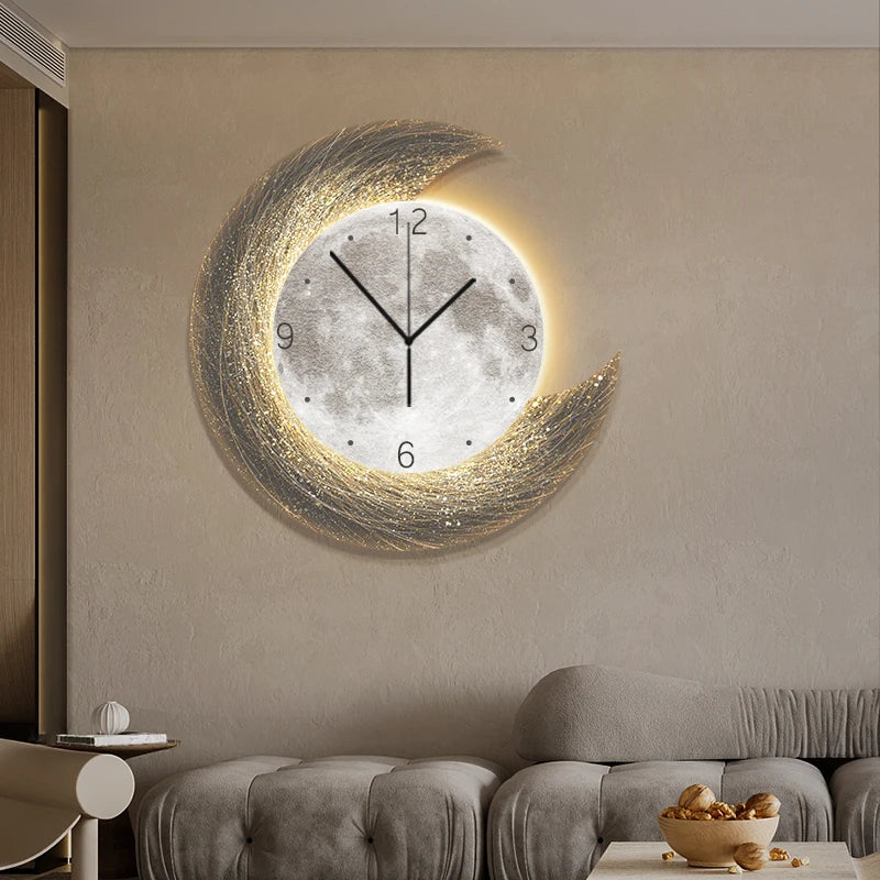 Moon Phase Wall Clock With Built-in LED Light Modern Silent Living Room