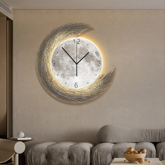 Moon Phase Wall Clock With Built-in LED Light Modern Silent Living Room
