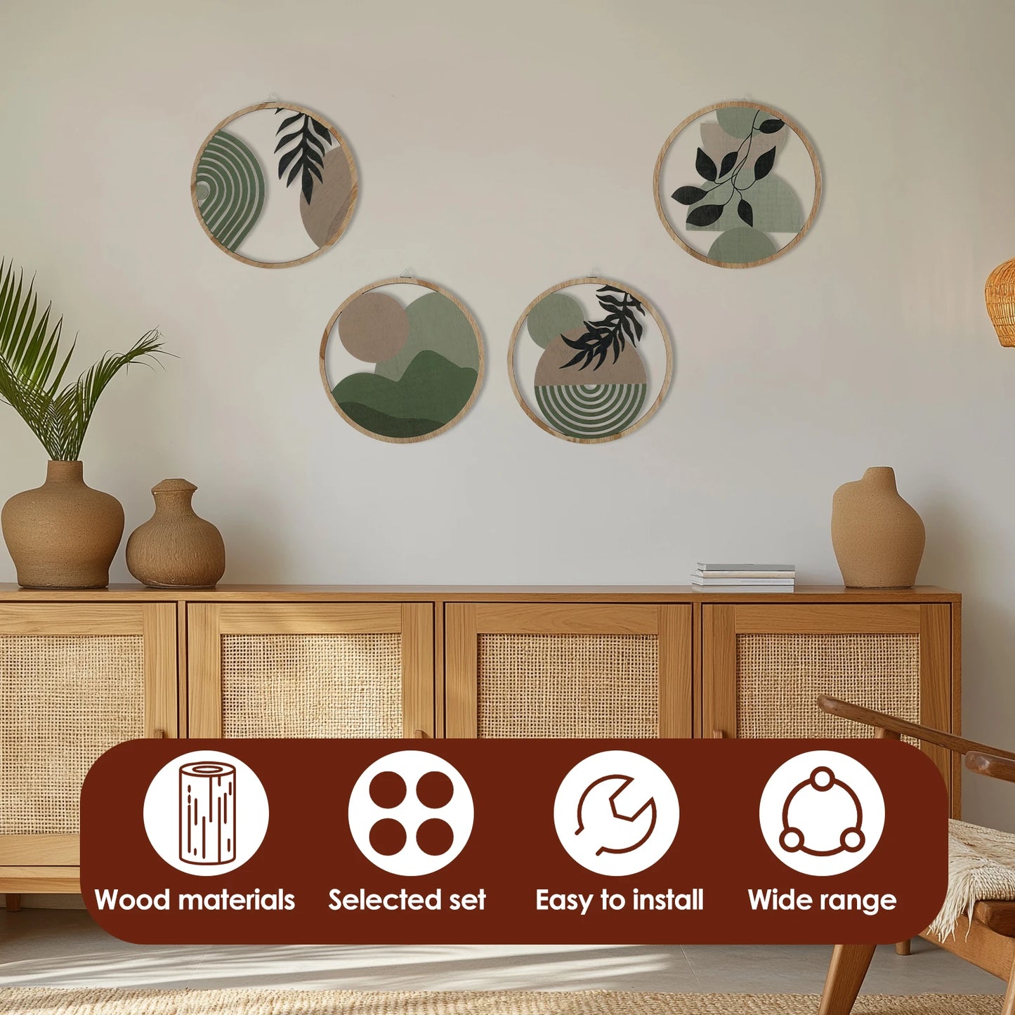 4Pcs Wood Wall Decor Hanging Wall Art Decor Elegant Bohemian Wall Decor