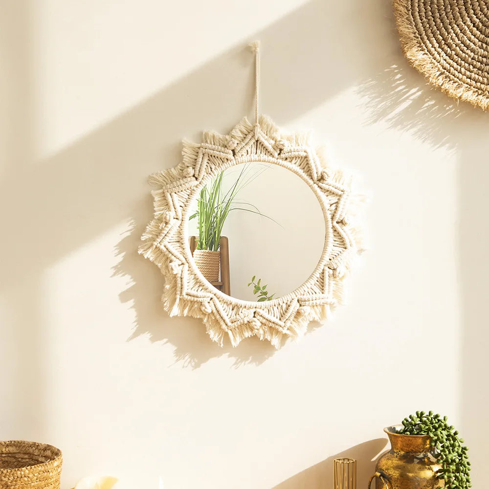 Boho Wall Mirror Decor Round Macrame Hanging Wall Art Decoration