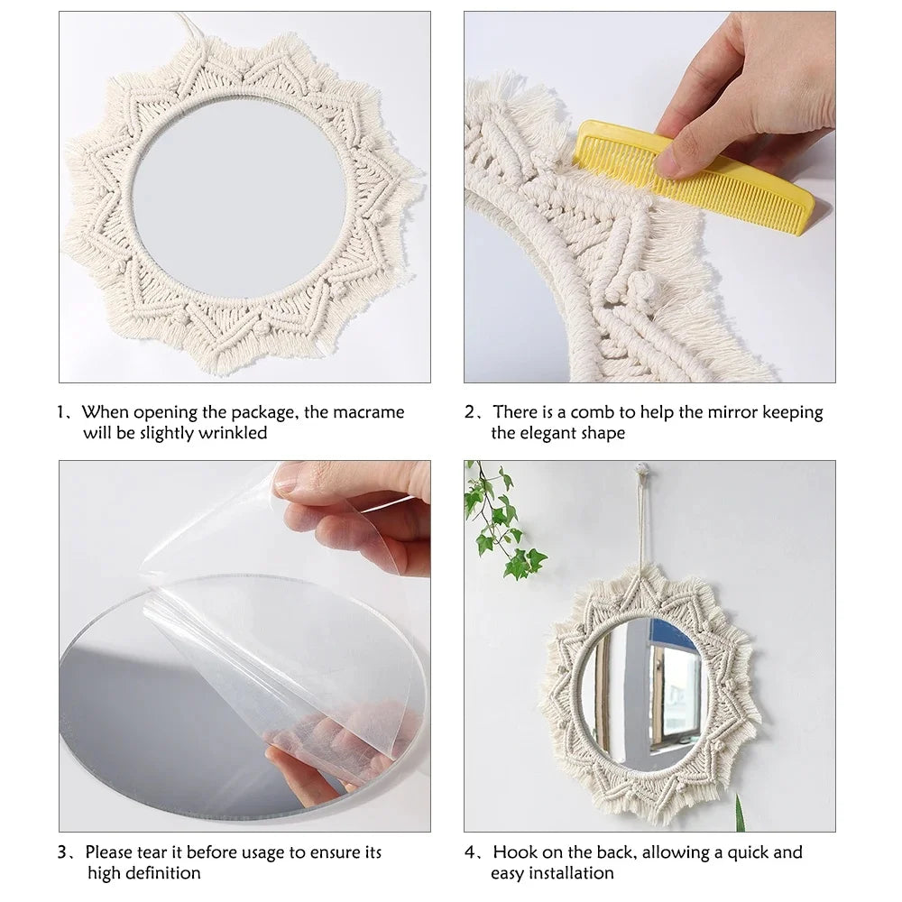 Boho Wall Mirror Decor Round Macrame Hanging Wall Art Decoration